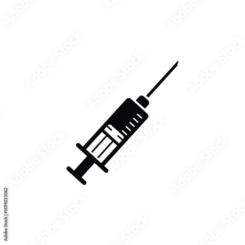 Black vector icon of a medical syringe, essential healthcare tool for drug delivery, vaccination, and clinical procedures, perfect for medical graphic design projects