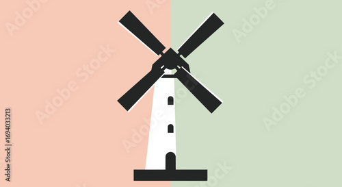 Minimalist black and white windmill illustration with a conical tower and four blades.