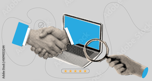 Modern halftone collage businessman handshake in laptop,hand holding magnifying glass and stars,business success concept,cut out collage elements from paper