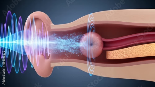 A medical animation showing sound waves traveling through the ear canal and hitting the eardrum to illustrate the process of hearing