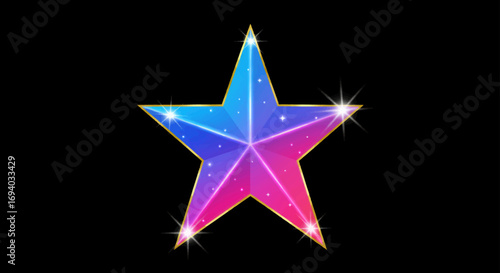Glittering five-pointed star with a vibrant blue to pink gradient, golden border, and sparkling points.