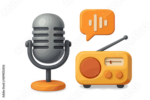 Podcast radio show 3d icon set. Vector cartoon microphone, retro radio, audio wave. For broadcasting, streaming, interview, sound recording, communication graphic concept.