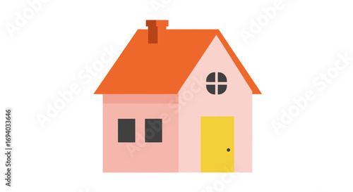 Simple Pink House Illustration with Orange Roof, Yellow Door, and Cross-Shaped Window