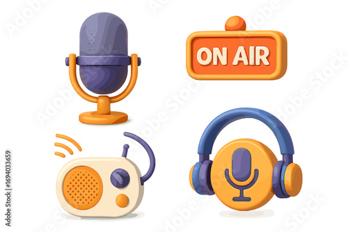 Podcast and radio 3d icon set. Vector cartoon illustration of microphone, headphones, on air sign. Graphic template for broadcasting, streaming, audio media, and studio.