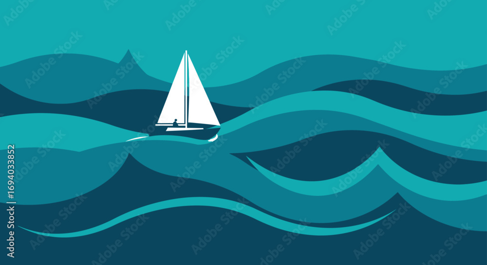 Naklejka premium Minimalist White Sailboat Navigating Stylized Blue Ocean Waves