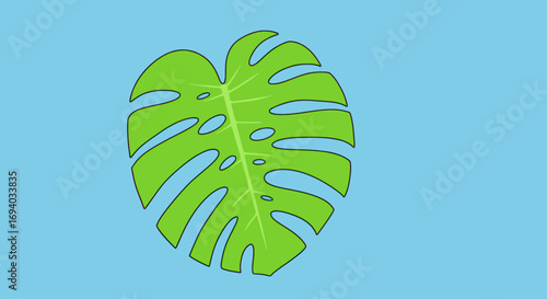 A vibrant green, stylized Monstera leaf illustration with characteristic fenestrations and a bold black outline.