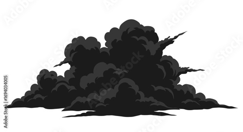 Billowing black and grey smoke cloud, a stylized cartoon explosion effect with sharp wisps.