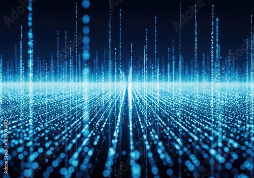 Illustration of abstract digital data stream of blue glowing particles and lines receding into the distance, representing big data and network connectivity