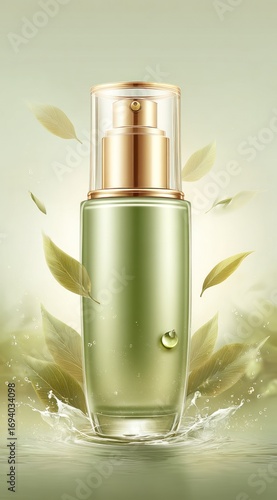 Green cosmetic bottle with gold accents stands among leaves and water droplets on a soft green background