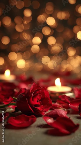 Candle with red rose petals in dreamy golden bokeh, evoking intimacy, love, and passion. Perfect for Valentine’s Day, weddings, and romantic decor
