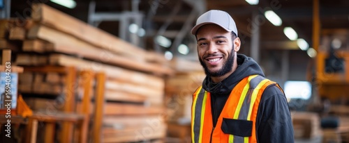 The worker in a high visibility vest smiling in a busy lumber warehouse