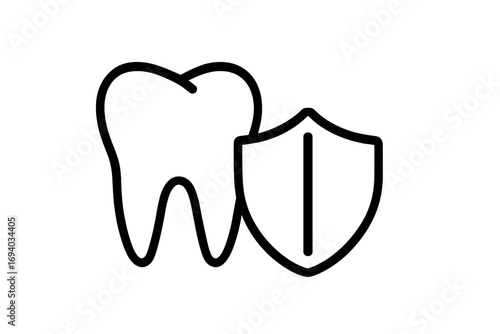 Dental care protection icon. Tooth with shield symbol. Health safety and insurance concept. Stomatology, dentistry pictogram for web design, apps. Vector line illustration.