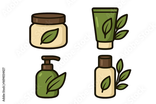 Natural organic cosmetic packaging icon set. Vector illustration of cream jar, tube, soap dispenser, bottle. For beauty, skincare, spa, wellness. Bio, eco, vegan product mockup.