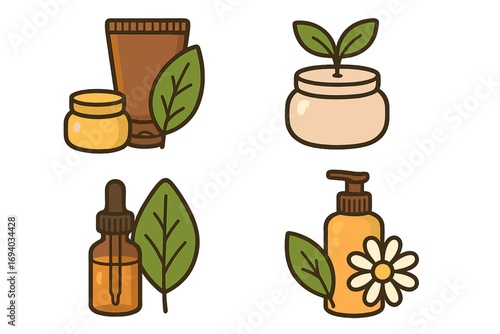 Natural cosmetic vector icon set. Organic skincare product collection. Cream, serum, lotion illustration. Eco beauty, bio, vegan, spa treatment symbols for dermatology.