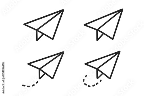 Paper plane line icon set. Origami airplane collection with flight path. Send message, mail, communication symbol. Business startup, travel, direction, and freedom concept.