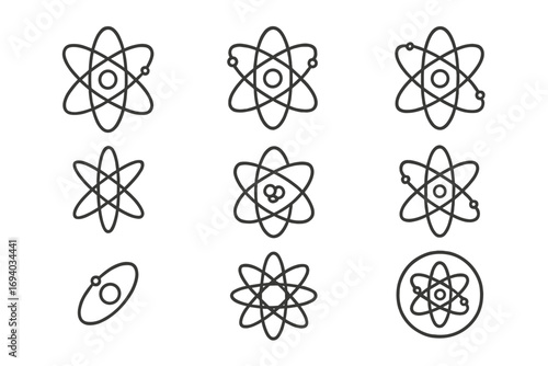 Atom icons collection. Science symbol set. Physics, chemistry, nuclear energy concepts. Editable stroke line art. Vector logo elements for technology and education design.