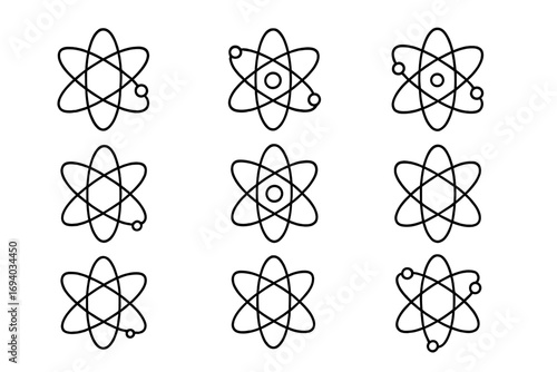 Atom icon set. Science symbol. Physics, chemistry, nuclear energy concept. Thin line art. Vector particle. Molecule, nucleus, electron, orbit. Editable stroke. Logo element.