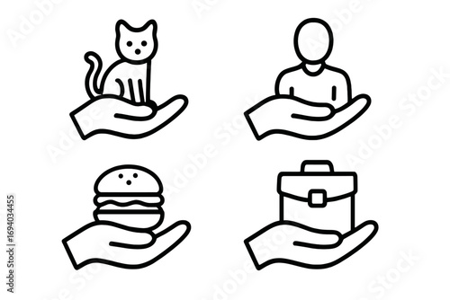 Hand offering services line icon set. Concepts for animal care, customer support, food delivery, business offer. Vector icons for websites, apps, and infographics.