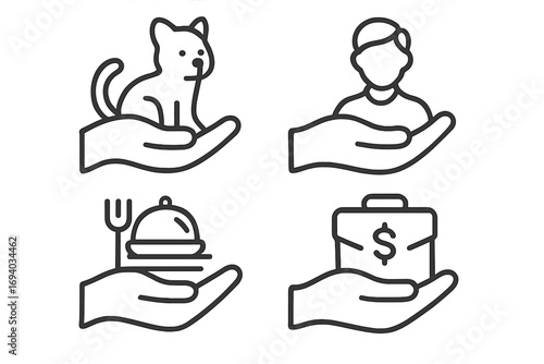 Hand offering services line icon set. Concepts for pet care, human resources, food delivery, and financial support. Vector symbols for business, insurance, charity, and welfare.