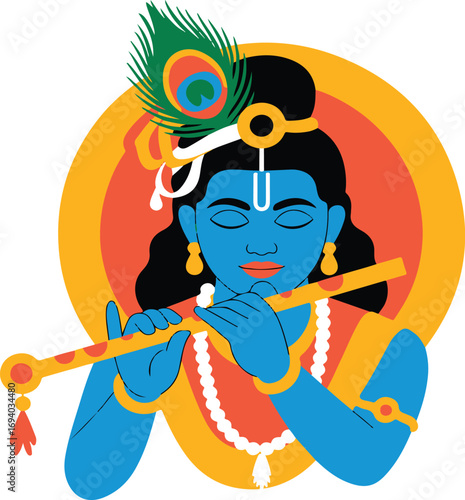 Krishna Playing Flute with Peacock Feather Hindu Deity Flat Design
