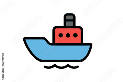 Ship icon vector. Boat on sea waves symbol. Marine transport, travel concept. Simple flat nautical vessel illustration. Water transportation pictogram for logo, web, app design.