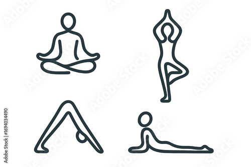 Yoga poses icon set. Linear person in asanas: lotus, tree pose, downward dog, cobra. Meditation, fitness, health and wellness concept. Abstract vector logo for studio.