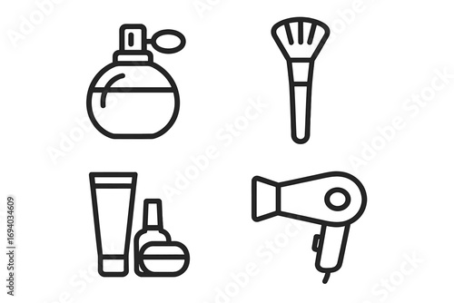 Beauty line icon set with perfume, makeup brush, cosmetics, hair dryer. Vector outline symbols for skincare, salon, grooming, and personal care. Pictogram for graphic design.