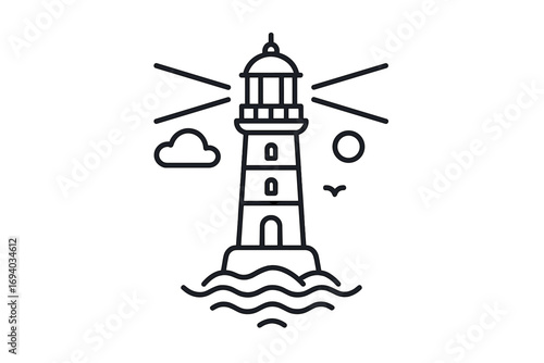 Lighthouse line art vector icon. Nautical beacon on sea coast with waves. Simple outline graphic for maritime logo. Coastal travel, safety and guidance concept illustration.