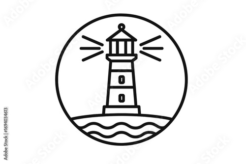 Lighthouse logo icon symbol vector illustration. Beacon on the sea coast with light beams for maritime navigation. Nautical safety and guidance concept. Simple line art design.