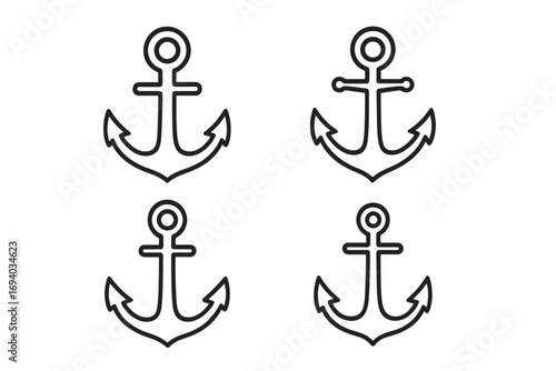 Anchor icon set. Simple line art collection. Nautical marine symbol for boat and ship. Maritime navy sign. Sea, ocean and travel concept. Metaphor for stability and safety.
