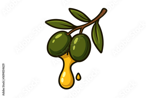 Olive branch with dripping golden oil vector logo. Cartoon illustration of fresh green olives. Natural organic food concept for extra virgin oil and healthy mediterranean diet.