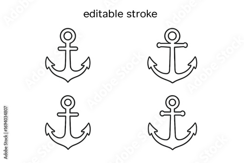 Anchor outline icon set. Simple nautical marine symbol collection. Vector line art illustration with editable stroke. Sea, boat, and navy equipment pictogram for design.