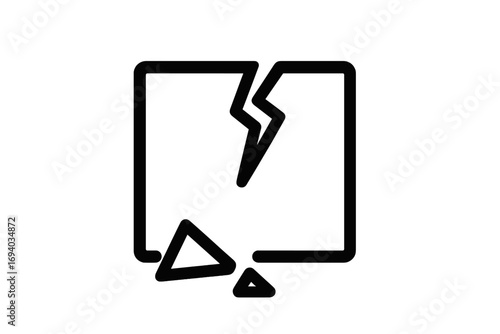Broken box icon, damaged package symbol. Fragile warning sign concept. Delivery error, shipping problem. Minimalist line art vector for web, apps. Crate damage illustration.