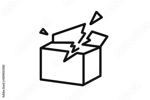Broken box linear icon. Damaged package sign. Fragile delivery concept. Shipping problem, return parcel. Destroyed, shattered container. Handle with care symbol.