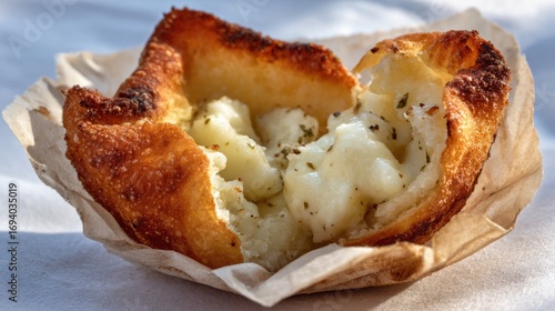 Golden pastry cup holds a creamy, lumpy filling with hints of herbs, nestled in a crinkled paper liner