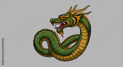 Fierce Green Dragon with Open Mouth, Detailed Scales, and Horns