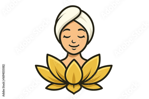 Woman in towel wrap on head relaxing in a golden lotus flower. Spa, beauty salon, and wellness logo concept. Vector illustration for skincare, self-care, meditation and zen.