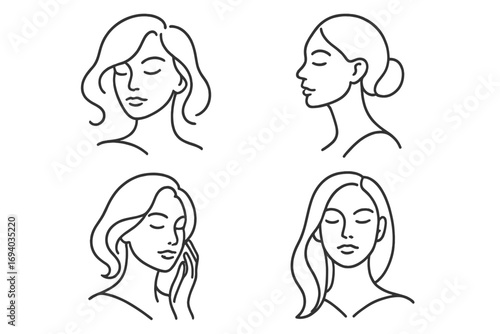 Woman face line art set. Collection of female portraits and silhouettes for beauty salon, spa, cosmetics logo. Elegant minimalist vector illustration of hairstyles. Skincare concept.