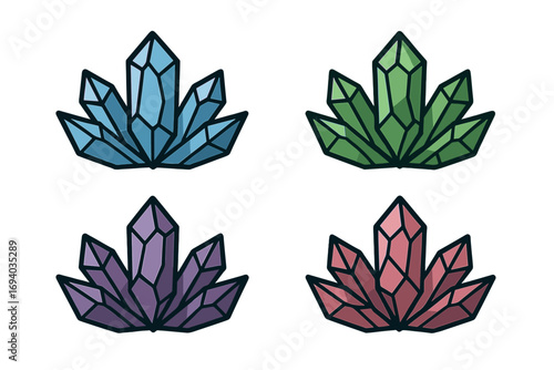 Crystal gem stone vector icon set. Colorful mineral collection illustration. Logo design concept for jewelry, spa, magic or esoteric brand. Isolated cartoon geometric element.