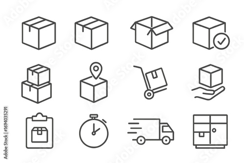 Delivery and shipping line icon set. Logistics, transportation, and package tracking symbols. Vector outline pictograms for web and apps. Includes box, truck, and timer.