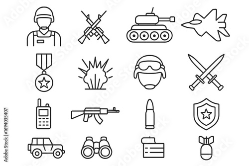 Army thin line icon set. Military and defense outline signs. Vector symbols of soldier, war, weapon, tank, jet, bomb for graphic design. Linear pictogram collection.