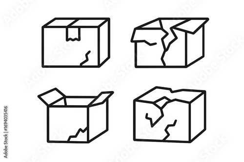 Broken box icon set. Damaged package, crushed cardboard container. Line art vector for shipping, delivery problems, returns. Fragile handle with care symbol illustration.