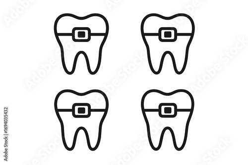 Tooth with brace icon. Orthodontic treatment and dental care concept. Stomatology, oral health, and tooth alignment symbol. Simple line vector illustration for web design.