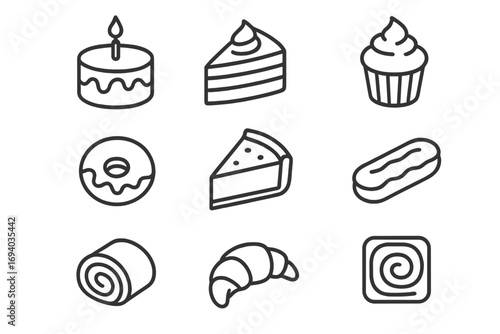 Bakery and pastry line icon set. Sweet food and desserts vector collection. Cake, cupcake, donut, croissant, pie, eclair, cinnamon roll. Simple outline editable stroke.