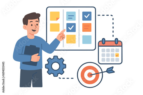 Project management business workflow. Man with clipboard points to kanban board with tasks. Concept of agile, scrum, planning, scheduling, time management, goal achievement.
