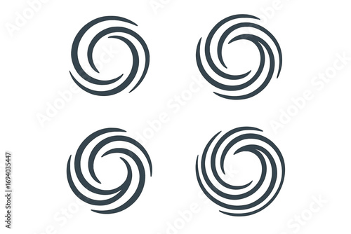 Set of spiral swirl logo icons. Abstract geometric circle symbols. Vector illustration of vortex, hurricane, or galaxy shapes. Corporate identity graphic element collection.