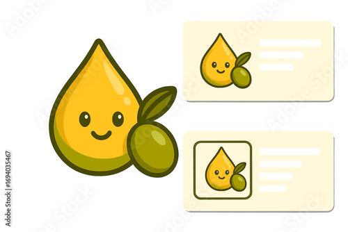 Cute olive oil drop character mascot logo. Kawaii smiling liquid gold drop with olive branch for branding. Natural organic food vector illustration with business card design set.
