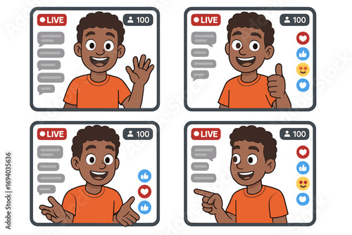Social media live streaming video frame set. Cartoon Black boy vlogger or streamer character. Influencer avatar for online broadcasting with chat, likes, and user reactions.