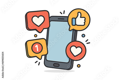 Social media marketing vector concept. Smartphone with notification icons like heart, and thumbs up. Online engagement, app communication and network reactions. Digital promotion.