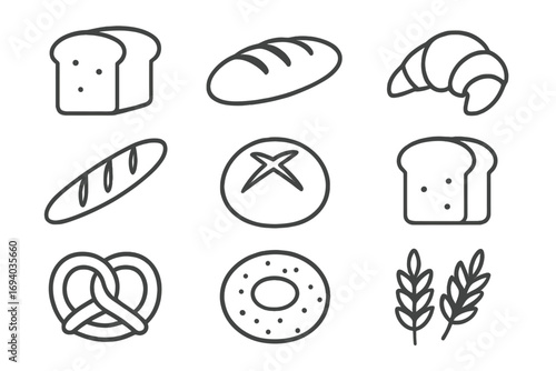 Bread and bakery line icon collection. Minimalist pictogram set for food and baking. Vector outline symbols of loaf, toast, croissant, baguette, pretzel, bagel, wheat.